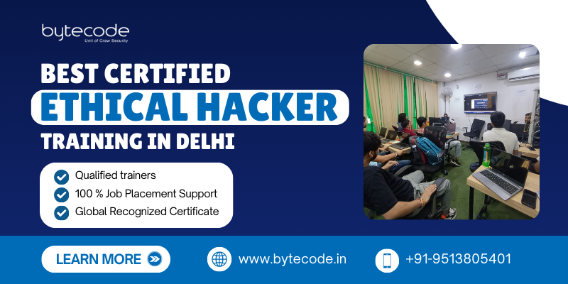 This image showcases the best certified ethical hacker training in Delhi, showing students in class with highlighting key features like qualified trainers, global certificate and job placement support.