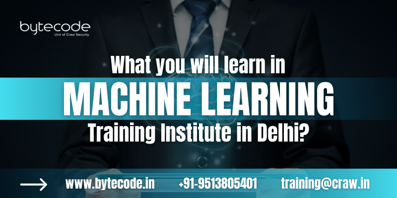 The image features a background featuring a businessman in a suit with a glowing AI brain graphic with text written What will you learn in Machine Learning Training Institute in Delhi?