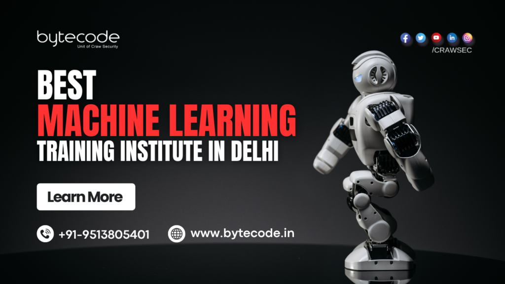 The image features a humanoid robot with mechanical arms on a dark background with text written Best Machine Learning Training Institute in Delhi and CTA to Learn More.